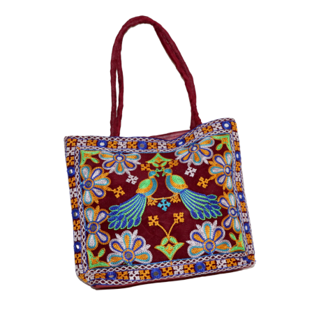 Hand Crafted Cotton & Mirror Work Handbag in Embroidered Floral Design